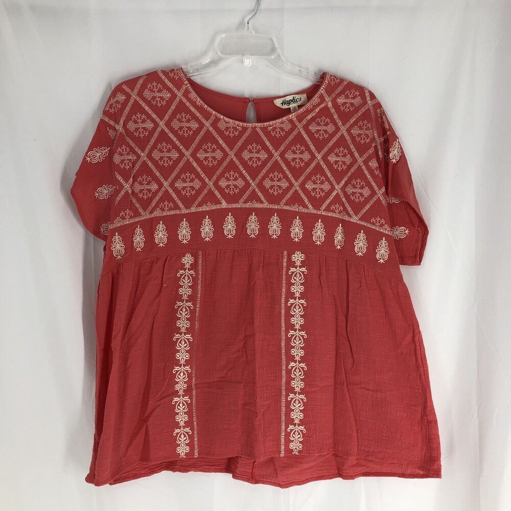 Haptics By Holly Harper Coral Embroidered Short Sleeve Blouse - Size 1X